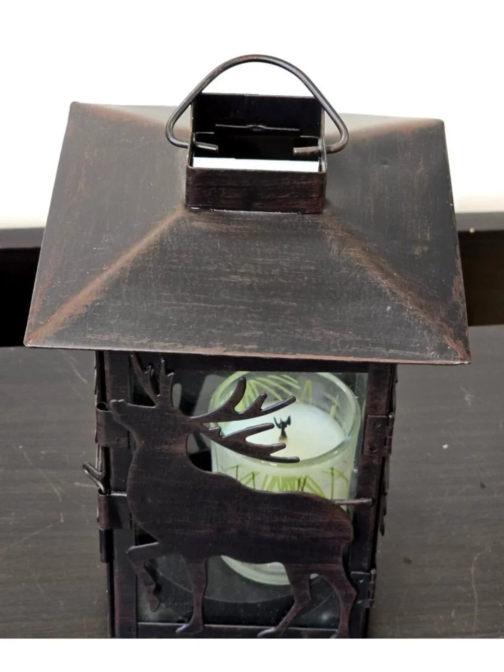 Rustic Metal Deer Moose Lantern Candle Holder Glass Doors Cabin Decor Wildlife - Picture 2 of 6